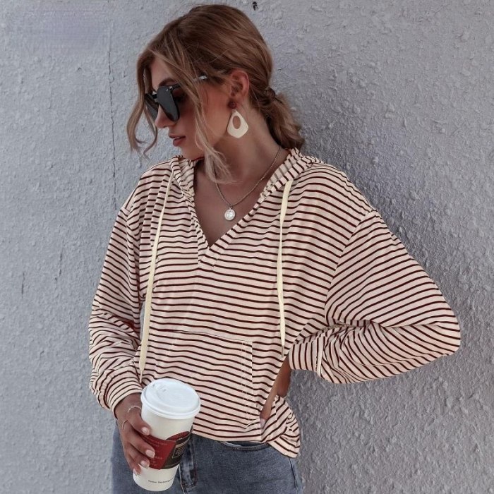 Spring and Autumn Long Sleeve Casual Striped Fashion Ladies Street Pullover Top Women's Hoodies