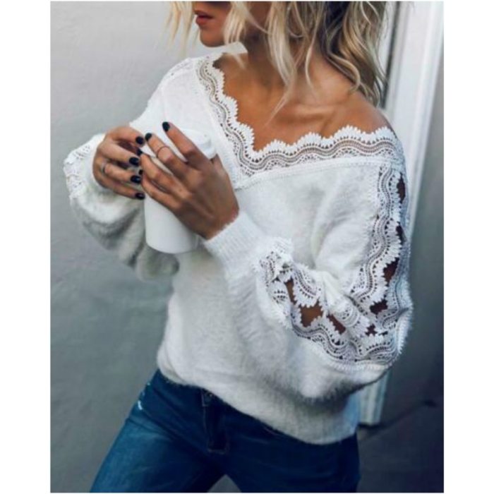 Women's knitted Sweaters Pullover V-neck Hollow Jumper