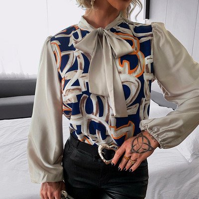Women Elegant Floral Print Blouse Shirt 2022 Spring New Lady Sexy Bandage Casual Long Sleeve Tops and Blouses