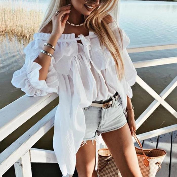 Casual Boat Neck Lace-Up Collar Ruffled Loose Blouse