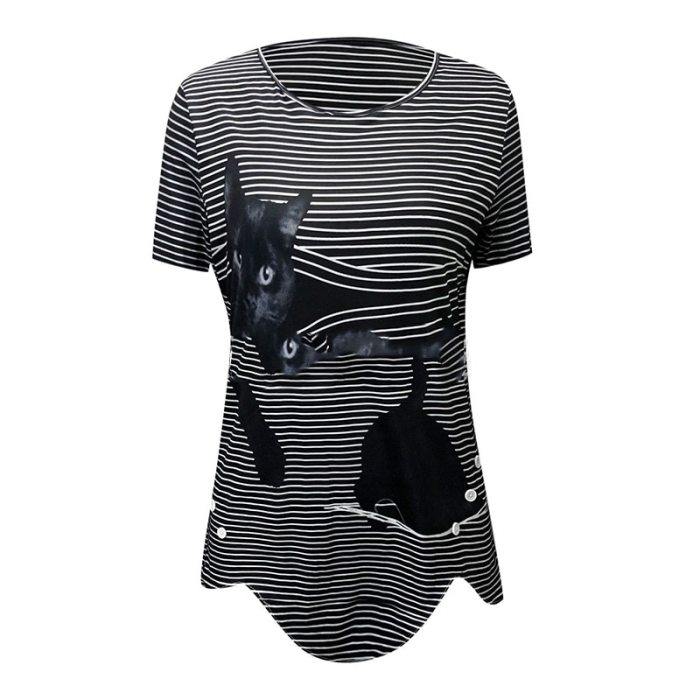Summer Women Fashion New Elegant Office Lady Tops Cat Print Short Sleeve Button T-shirt