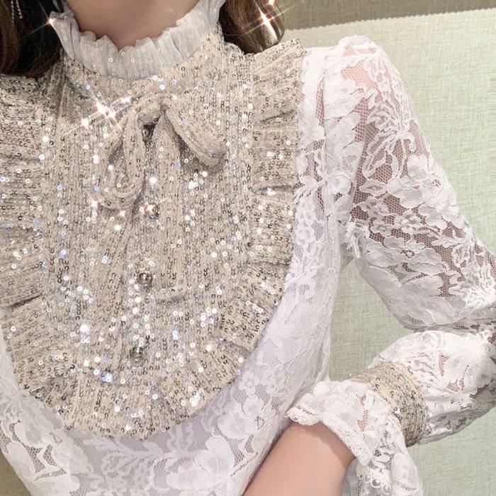 Women's Blouse Shirt Flare Sleeve Sequins Lace Tops