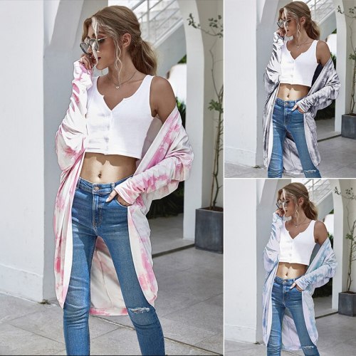 Womens Coat Tie-Dye Printed Long Sleeve Ladies Long Loose Coat Open Front Cover Up Tops Cardigan Jackets