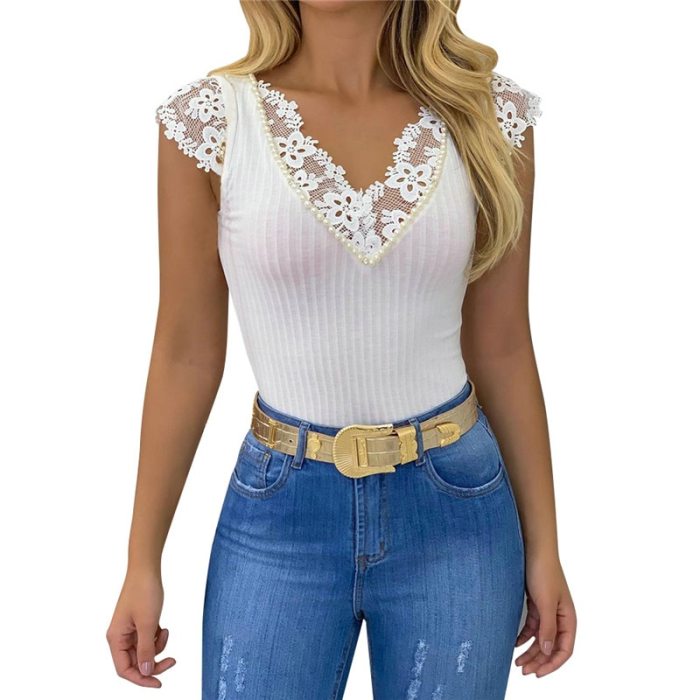 Women Summer Sexy T-Shirts Casual Solid Lace Patchwork Design Pearl Decor See Through V-Neck Sleeveless Slim Pullover White Tops