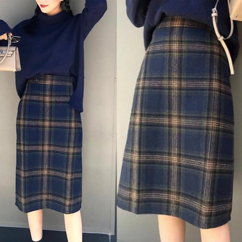 Korean Fashion Casual Women Autumn Winter Vintage Blue/Gray Plaid High Waist Warm Faux Woolen A-line Skirt Plus Size S-2XL