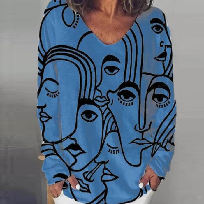 Women's Abstract Print Tops V Neck Blouse Shirt
