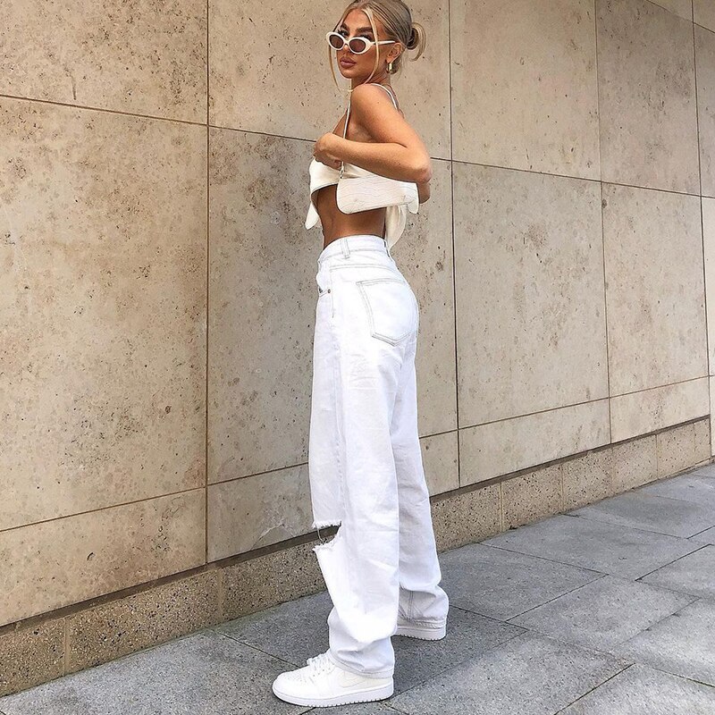 Women's Loose Vintage Wide Leg Hole White Solid Color Casual Trousers