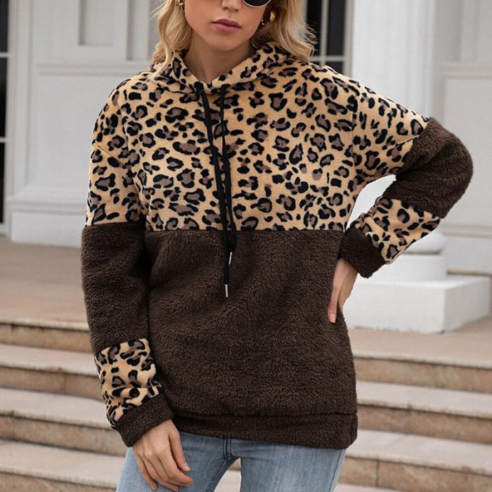 Leopard Patchwork Lambswool Women's Hooded Tops Zipper Lace Up Fluffy Ladies Hoodie Sweashirts Autumn Fashion Loose Casual 2021