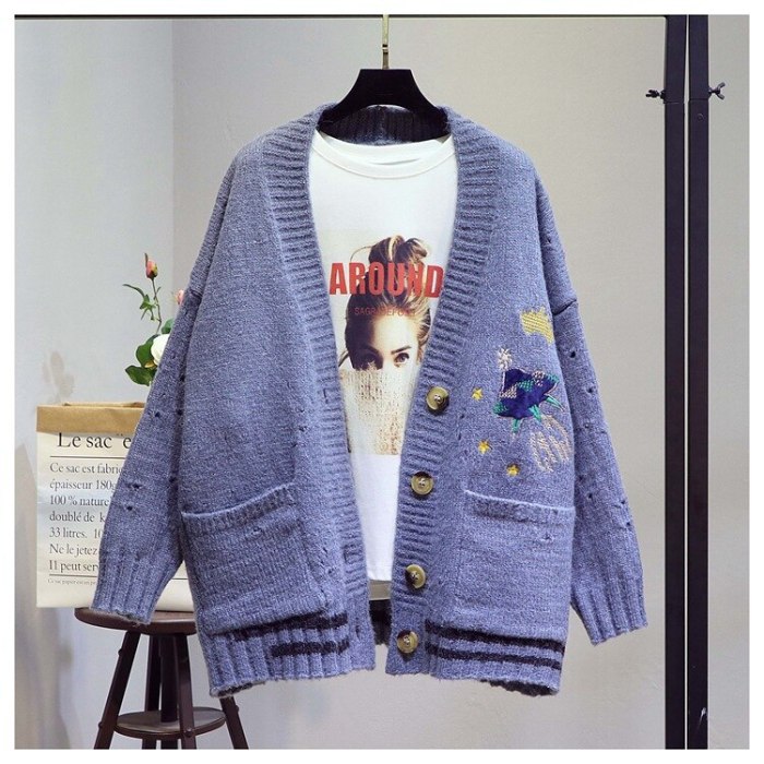 Winter Knitted Cardigan Cartoon Embroidery Oversize Sweater Coat