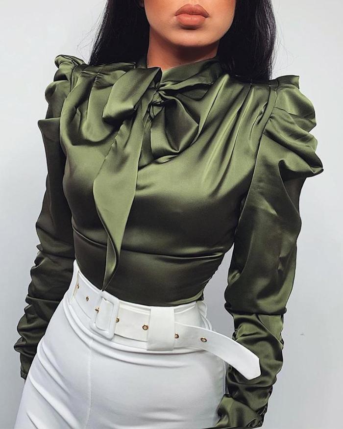 Solid Tie Neck Satin Blouse