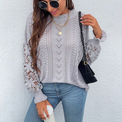 Spring Autumn Lace Hollow Out Long Sleeve Black Kniited Sweater Women's 2021 Knitwera Fashion Loose Pullover Female Pull Tops
