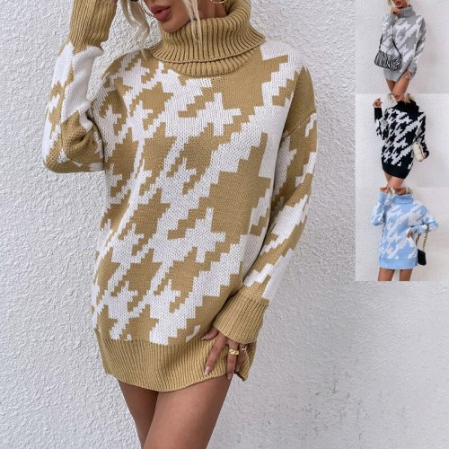 Houndstooth sweater women's pullovers autumn and winter 2021 new stitching contrast color lapel Straight sweater dress jumpers