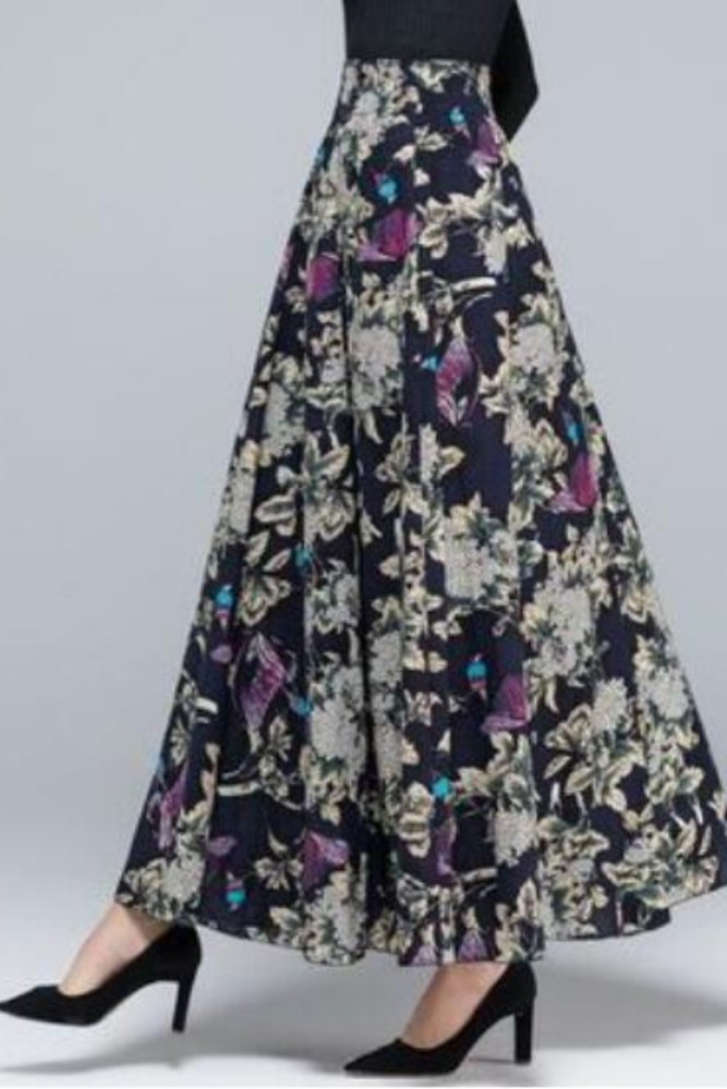 2021 New Spring Autumn Women Fashion Cotton Florals Print Long Skirts Female Boho All-Match Elastic High Waist Casual Skirts A33