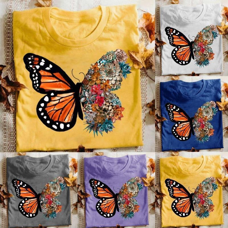 Butterfly Printed Funny Short Sleeve Round Neck Summer T-shirt Top