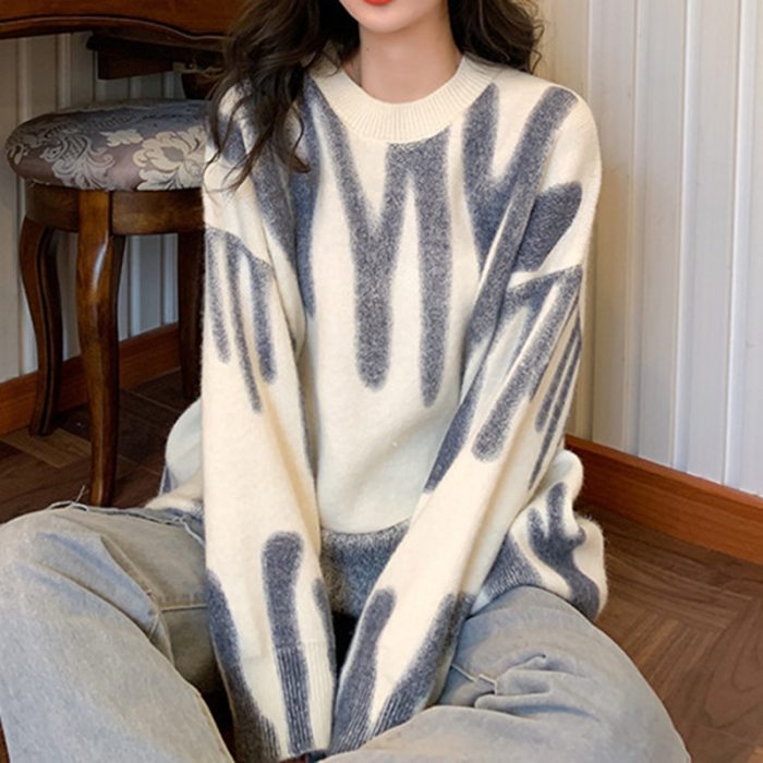 Print Knitted Sweater Elegant Striped Oversized Pullovers