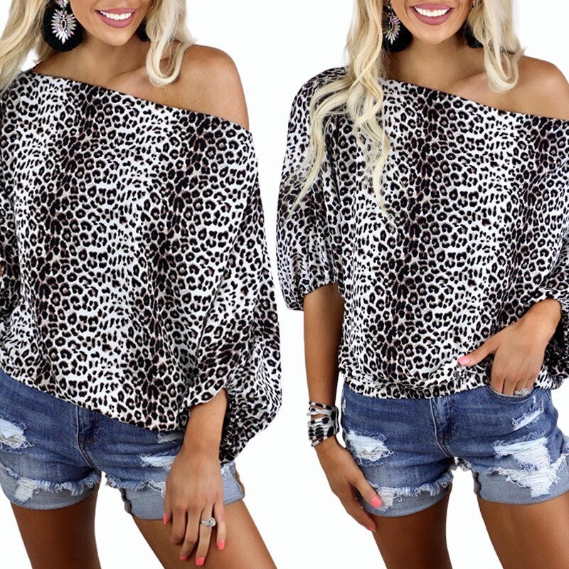 loose T-shirts Women Jumpers short Sleeve skew collar Tops Woman Pullover female sexy fashion leopard cloth undershit FC0610