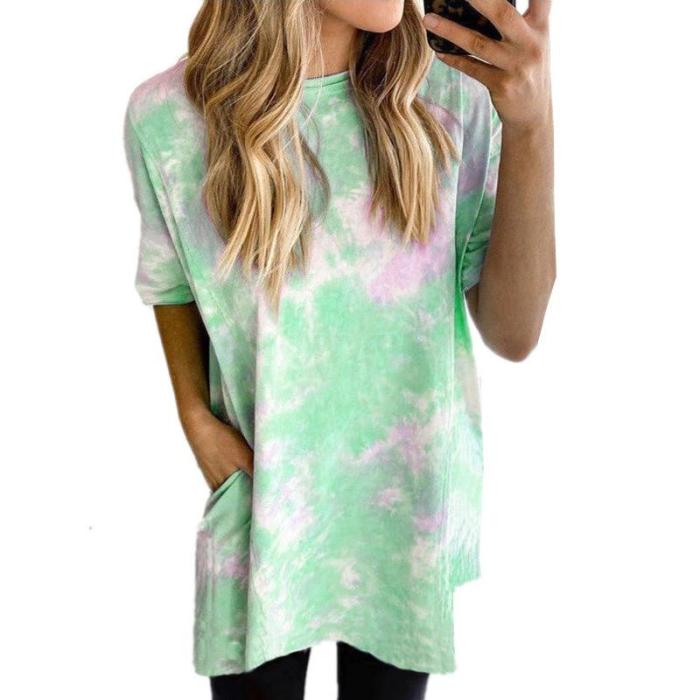 Women Tie Dye Printed Fashion Casual Loose Short Sleeve Summer Dress