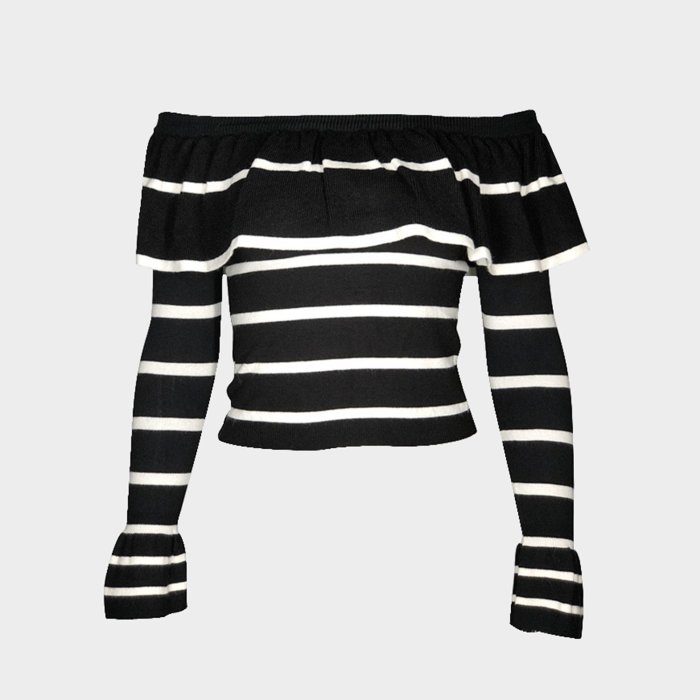 Stripe Ruffle Off Shoulder Long Sleeve Knit Sweater