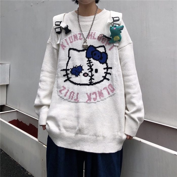 Harajuku Women's Pullover Sweater Cartoon Cat Print Loose Sweater
