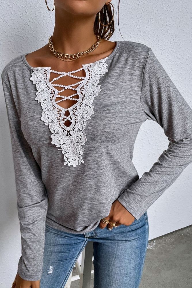 Sexy Lace Up T-Shirt Women Full Sleeve Top Summer Solid Color V-Neck Bandage Elegant Tops Ladies Basic Tees Female