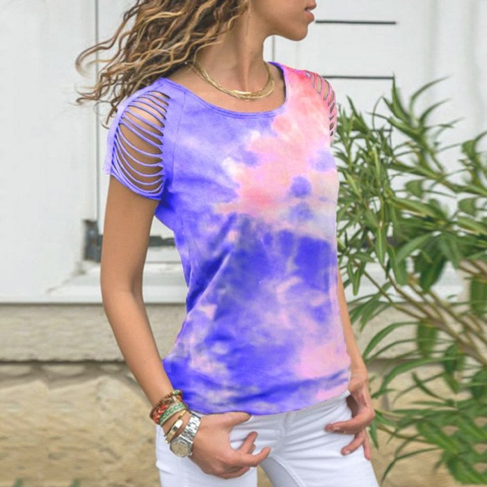 Short Sleeved Tie-dye Printed T-shirt with Stained Holes