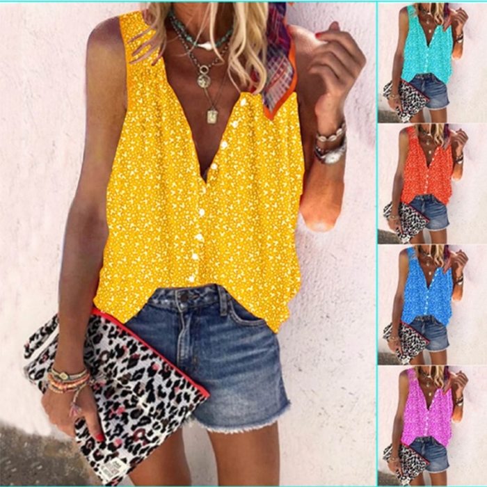 Women Sexy Casual Single-breasted Tank Top V Neck Cardigan Sleeveless Shirt Summer Fashion Printed Vest Tshirt S-5XL