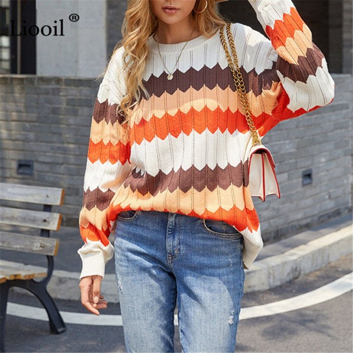 Stripped Print Baggy Autumn Knitted Sweaters Casual Streetwear Loose Color Block Pullovers Long Sleeve Women Jumpers Winter 2021