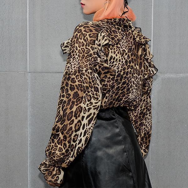 Leopard Print With Ruffled Long Sleeves Blouses