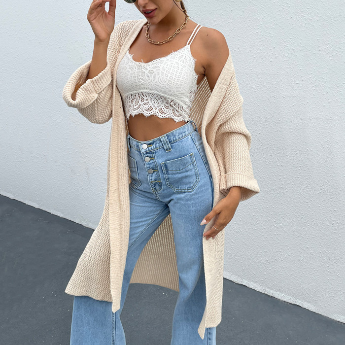 Fashion temperament midi Long Cardigans women 2021 autumn cardigan jacket with flared sleeves new knitted sweater coat female
