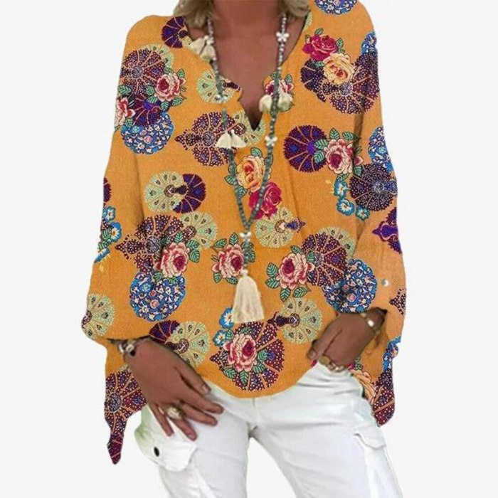 V-Neck Linen Cotton Blouse Shirts Floral Print Tops