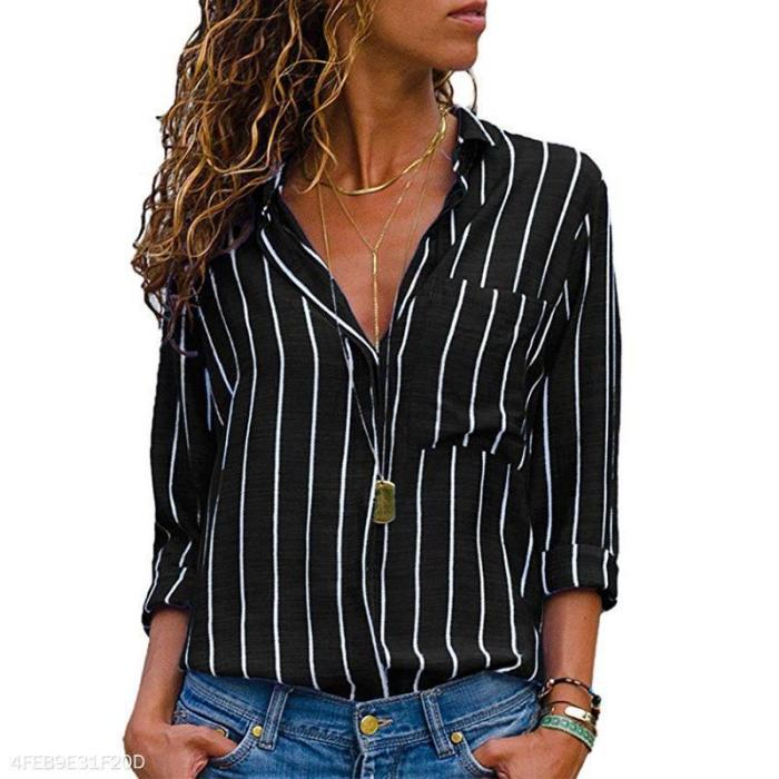 Fashion Stripes Lapel Pocket Long Sleeve Blouses