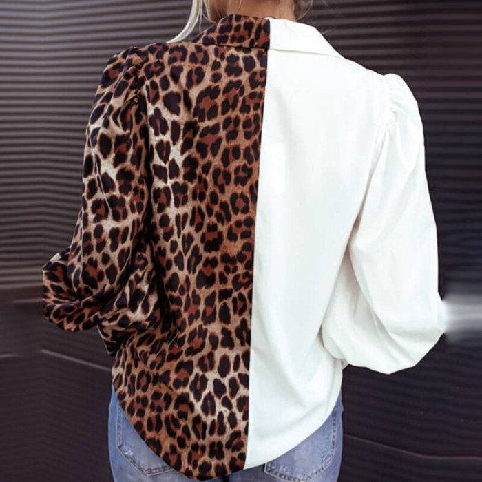 Elegant Turn-Down Collar Office Lady Shirt New Spring Autumn Patchwork Leopard Blouse Casual Button Long Sleeve Women Tops Blusa