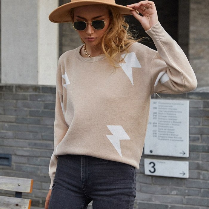 Autumn Women Sweater Pullovers Soft Warm O-Neck Loose Fine Yarn Lightning Printing Office Lady Knitted Sweater