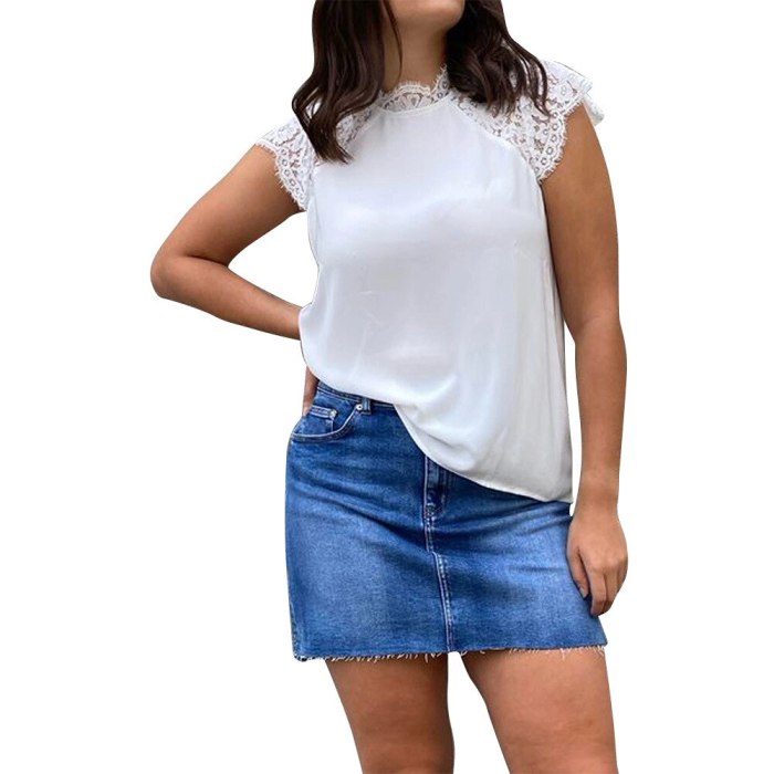 Women's Shirt Lace Raglan Short Sleeve Stand Away Collar Solid Color Tops for Female T-shirts With Short Sleeve Women Clothing