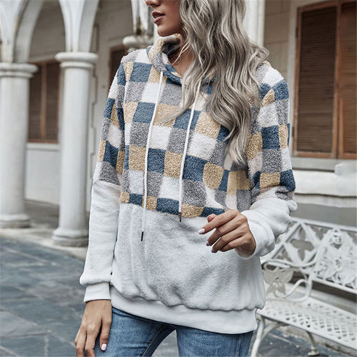 2021 Winter Teddy Fleece Sweater Checkerboard Hooded Pullover Fluffy Plaid Sherpa Fuzzy Tops Women Autumn Streetwear Sweaters