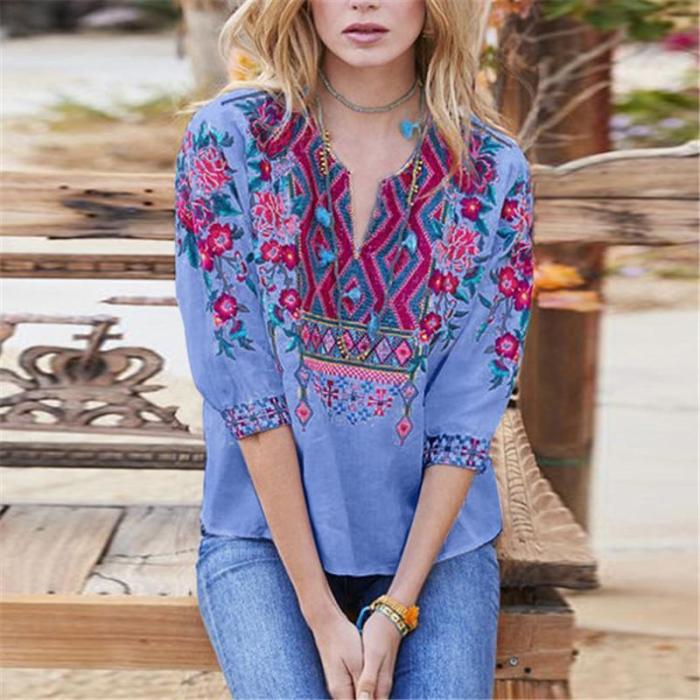 Ethnic Style Embroidered V-Neck Top