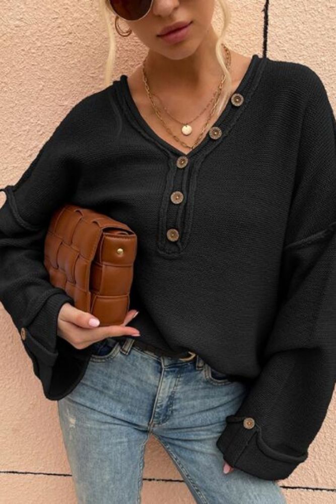 Square Armhole Button V-neck Sweater Women Long Sleeve Loose Pullovers Women's