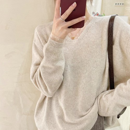 All-match V-neck sweater lazy loose lace stitching pullover sweater 2021 autumn and winter Korean fashion women's clothing