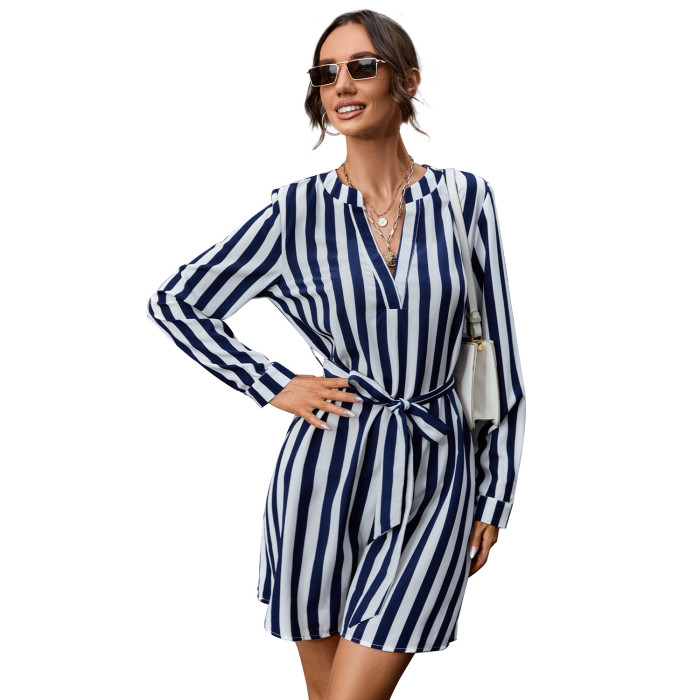 2021 Autumn Stripe Print Loose And Plus Size Fashion Shirts V-Neck Long Sleeve Fashion Ladies OL Office Casual Streetwear