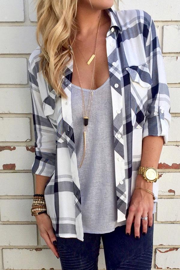 Turn Down Collar Single Breasted Checkered Blouses
