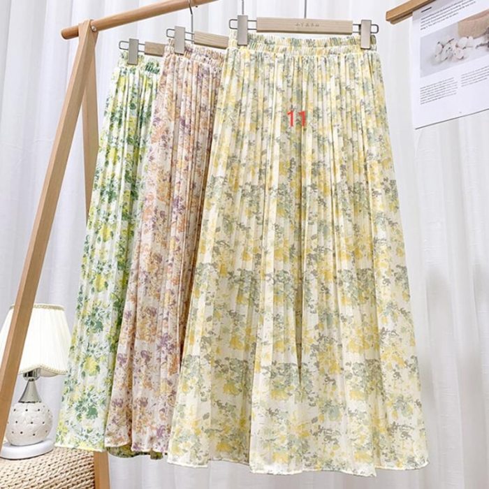 New 2021 Vintage Floral Printed Tulle Pleated Mi-long Women Skirts High Waist Loose Female Umbrella Skirts Spring Summer