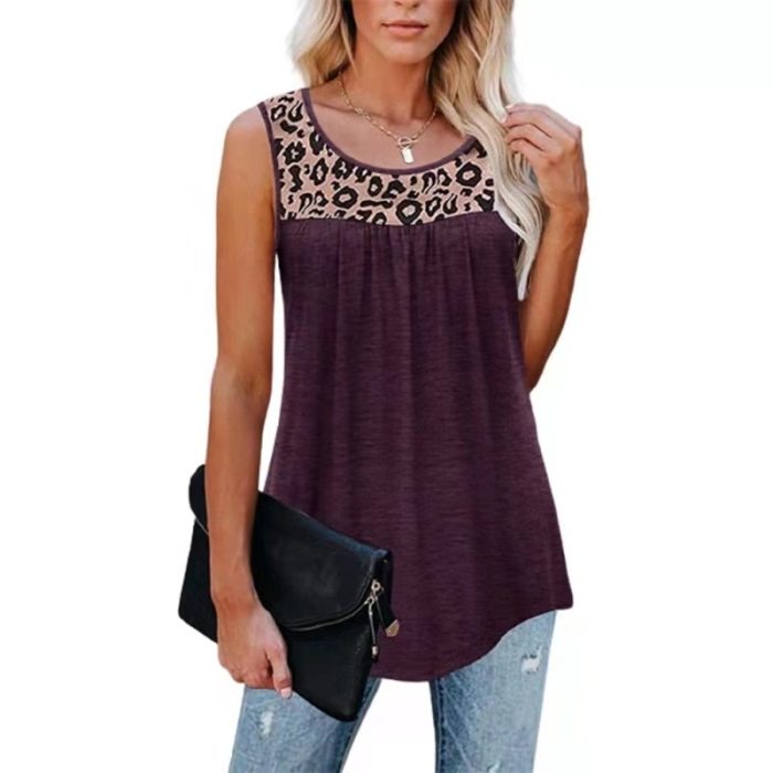 2021 Summer Women Tank Tops Sleeveless Leopard Patchwork Print Loose O-neck Vest Casual Tunic T-shirt Women Clothing