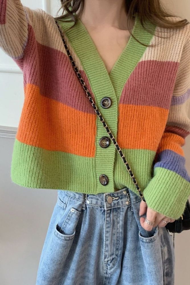 Color Striped Sweater Autumn and Winter New Women's Jacket Small Fragrance Rainbow Contrast Color Knitted Cardigan Women's Top