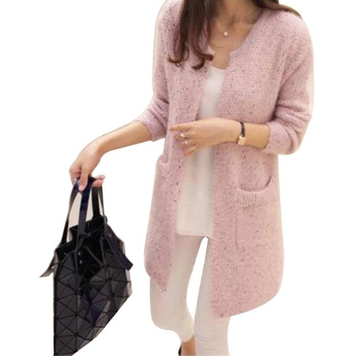 Winter Warm Fashion Women Solid Color Pockets Knitted Sweater Tunic Cardigan