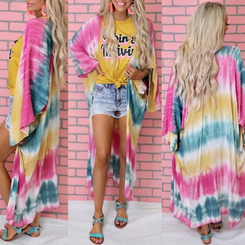 Tie Dye Kimono Cardigan Women Beach Holiday Vintage Striped Chiffon Shirts Loose Plus Size Shawl Long Sunscreen Jacket Blouse