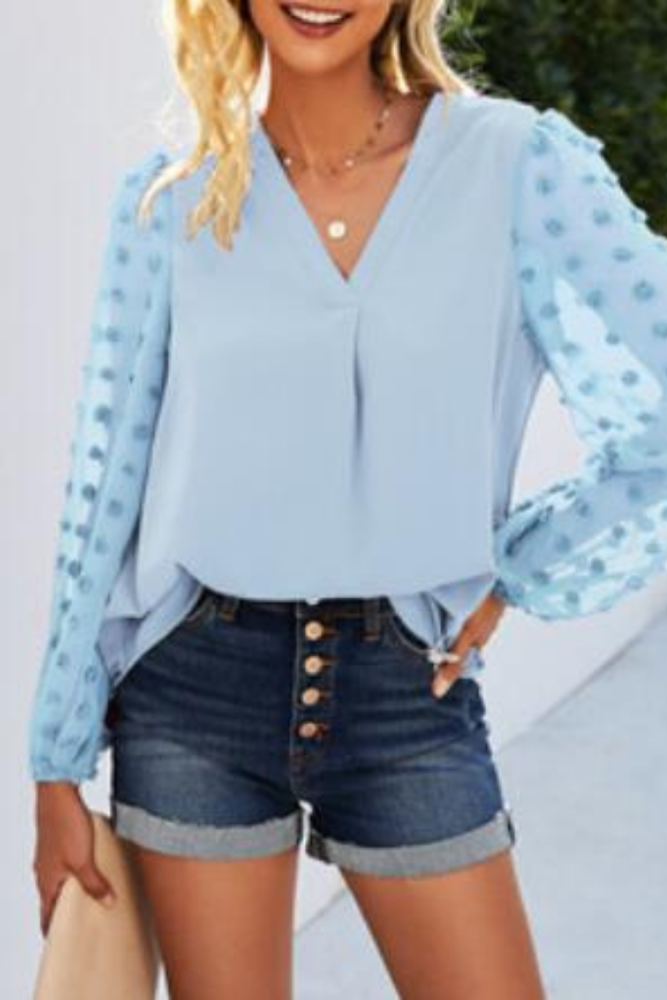 2021 New Women's Spring Summer Temperament Tops Ladiese Solid V Neck Long Lantern Sleeve Dot Loose Chic Blouses For Fashion