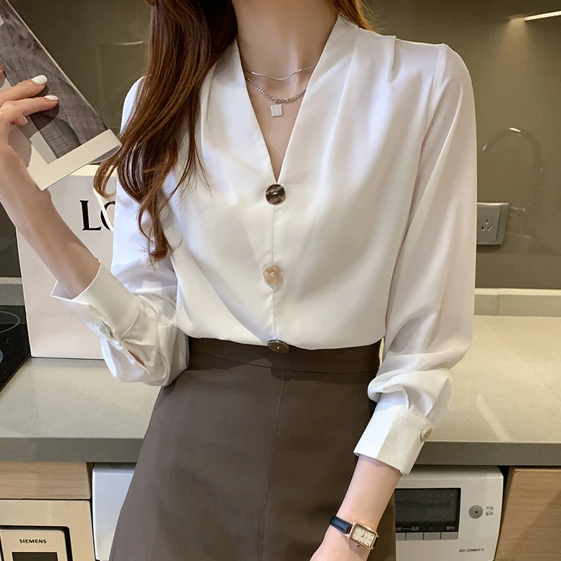 Korean Style Shirt Top V-neck Long-sleeved Casual 2021 Spring And Autumn New Wild Fashion Simple Temperament