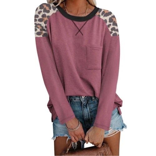Autumn Leopard Print Patchwork Tops Women Casual Long Sleeve O Neck T-Shirts Female Stitching Pocket Tees Loose Pullover Tops