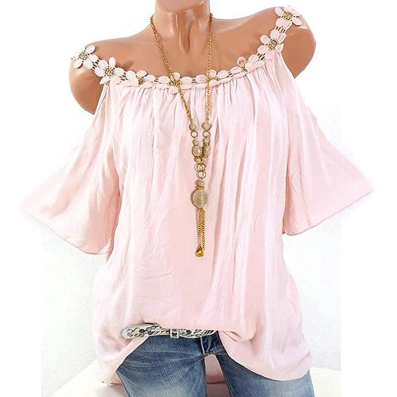 Women Strapless Lace Patchwork Blouse Summer Short Sleeve O-Neck Plus Size Lady Tee shirt Women Clothing Blusas Femininas