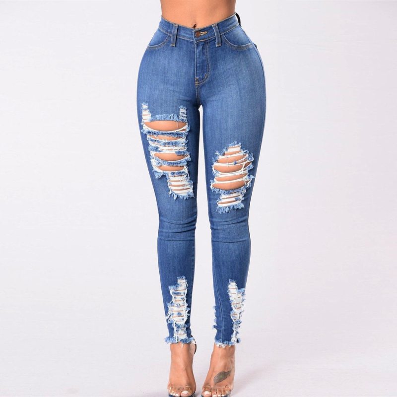 Women Denim Skinny Trousers High Waist Destroyed Knee Holes Pencil Pants